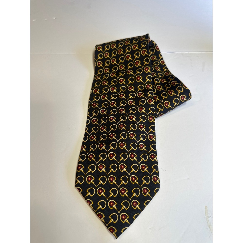 Paolo Gucci Mens Silk Tie Black Gold Red Horsebit Floral Equestrian Vintage